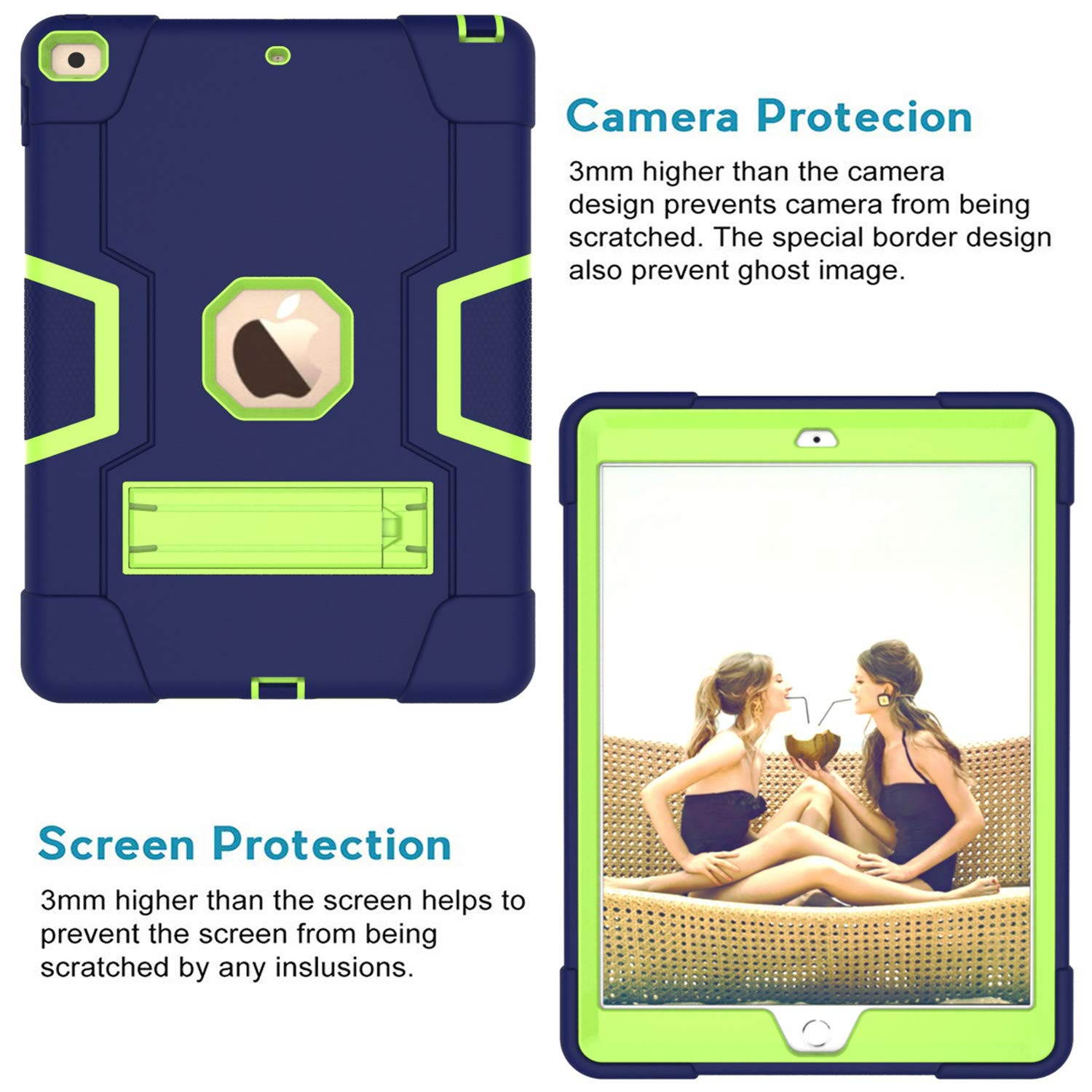 Dteck Case for New iPad 10.2" 7th Generation 2019 Release, [Kids Friendly] Three Layer Hybrid Shockproof Armor Defender Rugged Full Body Protective Cover with Kickstand, Navy Blue+Green