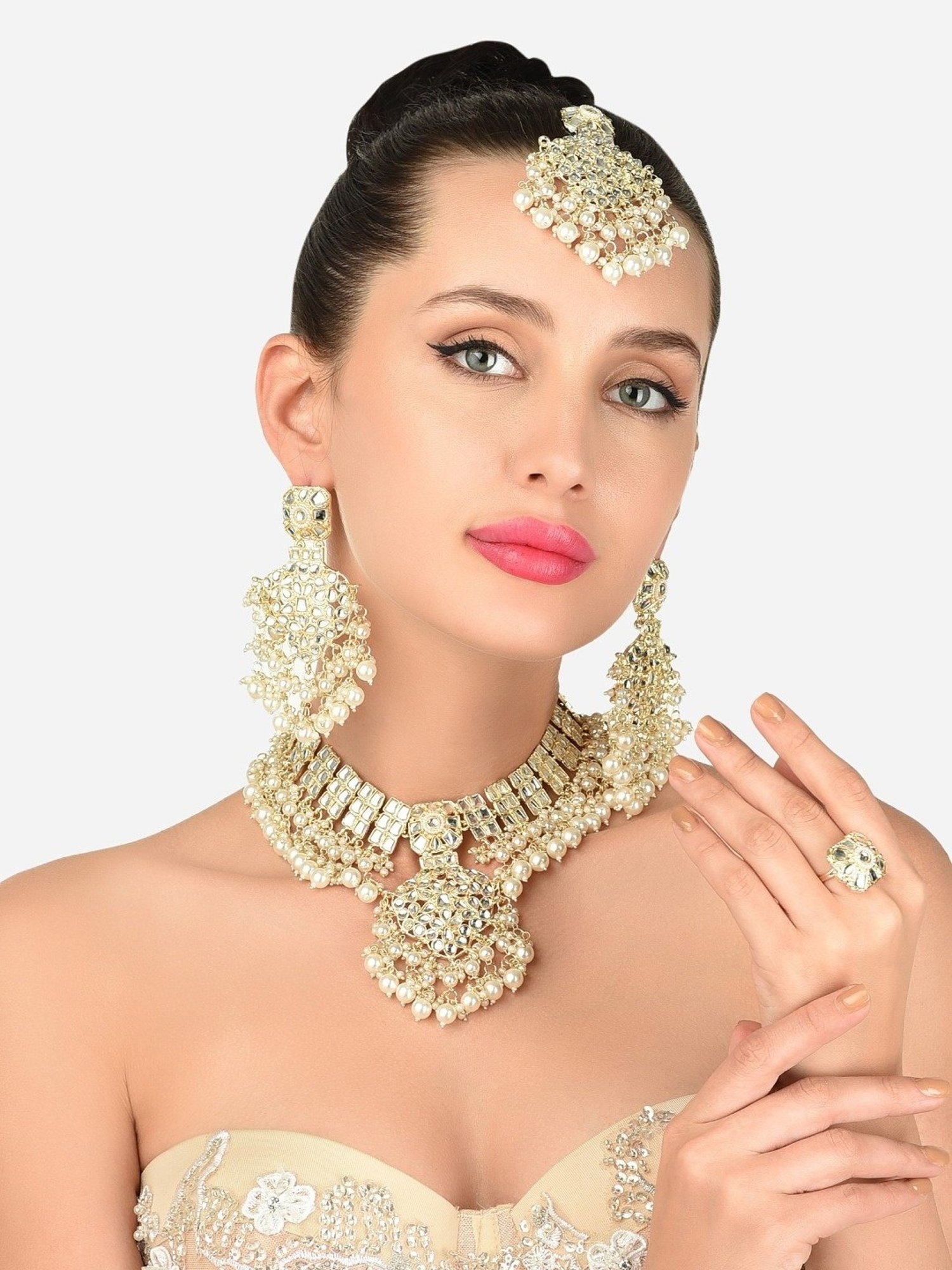Zaveri Pearls Gold Tone Kundan & Pearls Necklace, Earring, Maangtikka & Ring Set