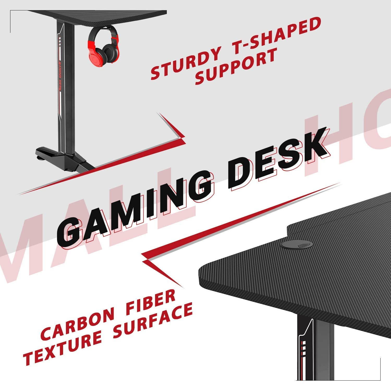 Homall 55 Inch Ergonomic Gaming Desk PC Computer Desk Home Office Table T-shaped Frame Table for Pressional Game Lover with Free Mouse Pad, Headphone Hook, Game Handle Rack and Cup Holder (Black)