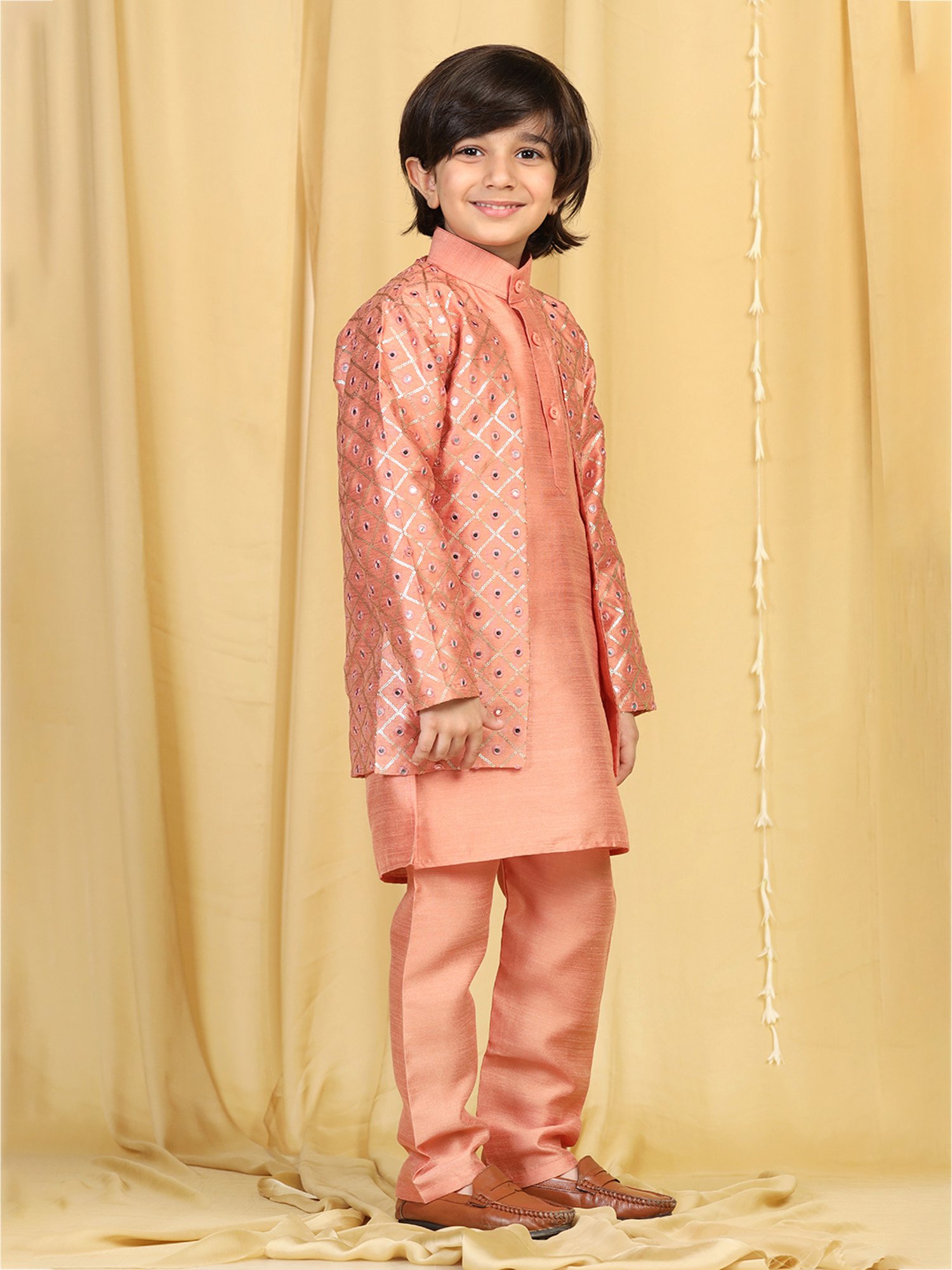 AJ Dezines Kids Peach Embellished Full Sleeves Kurta, Pyjamas with Jacket