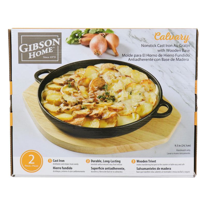 Calvary Nonstick Cast Iron Au Gratin Pan with Wooden Base Set