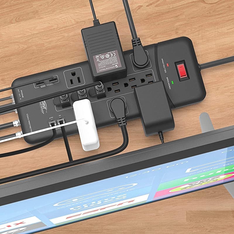 Surge Protector Power Strip 4050Joules with USB31A Flat Plug 9FT Long Cord Black