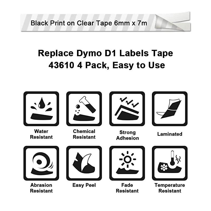 Compatible Labeling Tape Replacement for Dymo D1 Label Tape Refill 6mm Black on Clear 43610,1/4 Inch x 23 Feet/7m, for Dymo LabelManager PnP 260P 210D 280 420 160 450D 360D Label Maker,5P