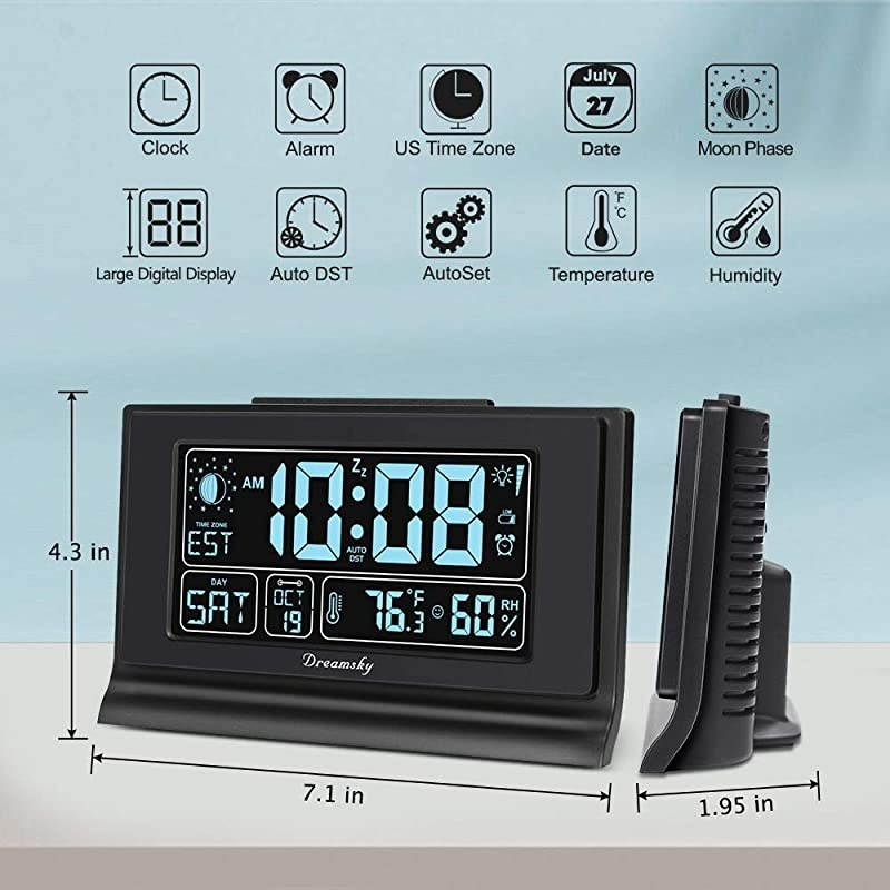 Auto Set Alarm Clock with USB Charging Ports 6quot Large Display with Indoor Temperature amp Humidity DateDay amp Moon Phase Brightness Dimmer Auto DST Backup Battery