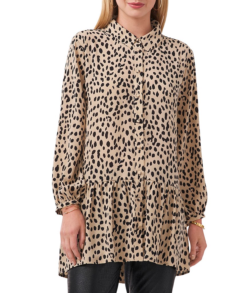 Vince Camuto Petite Size Animal Reset Long Sleeve Point Collar Neck Button Down Hi-Low Ruffle Hem Tunic