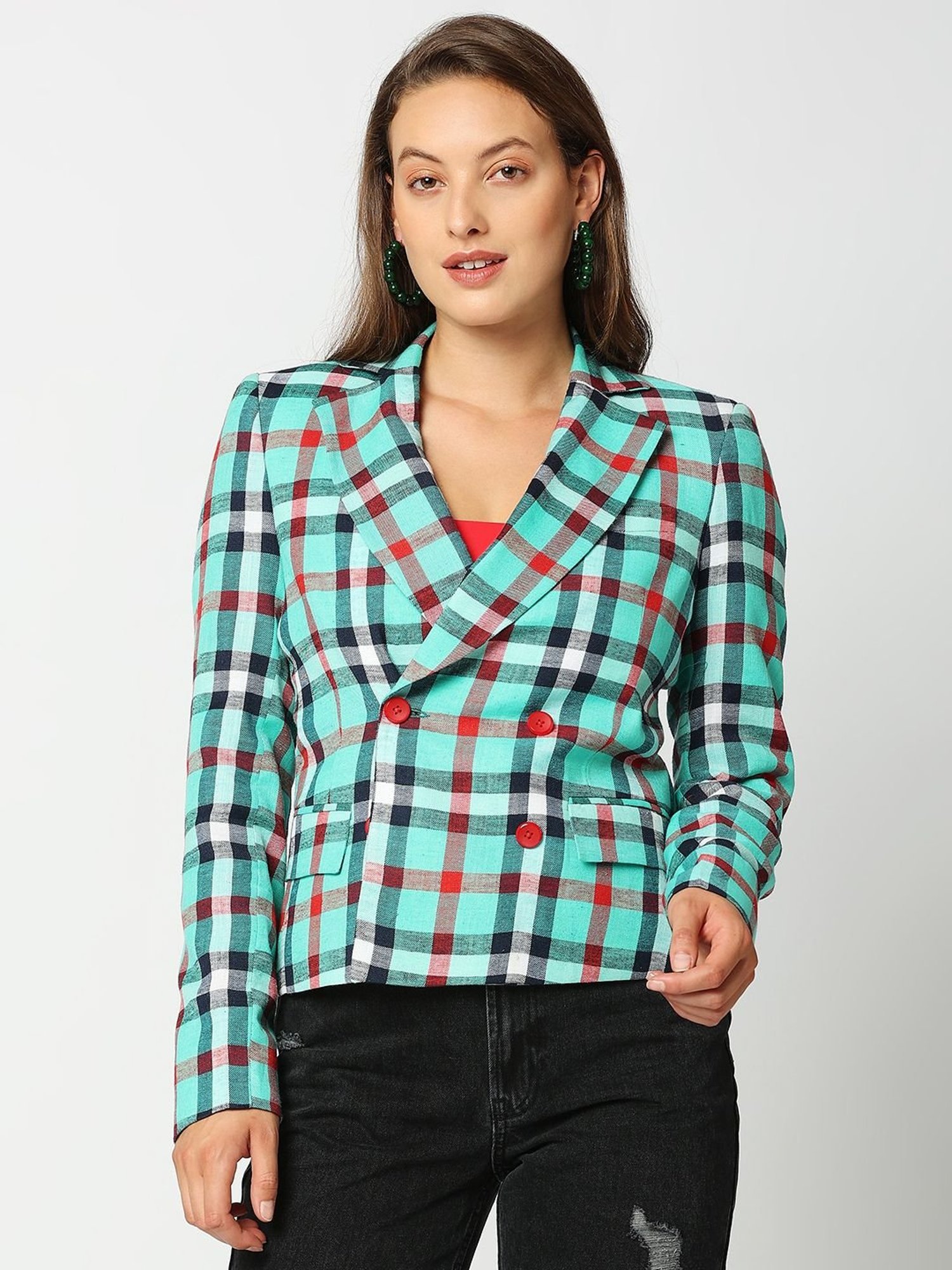 Remanika Green Pure Cotton Chequered Jacket
