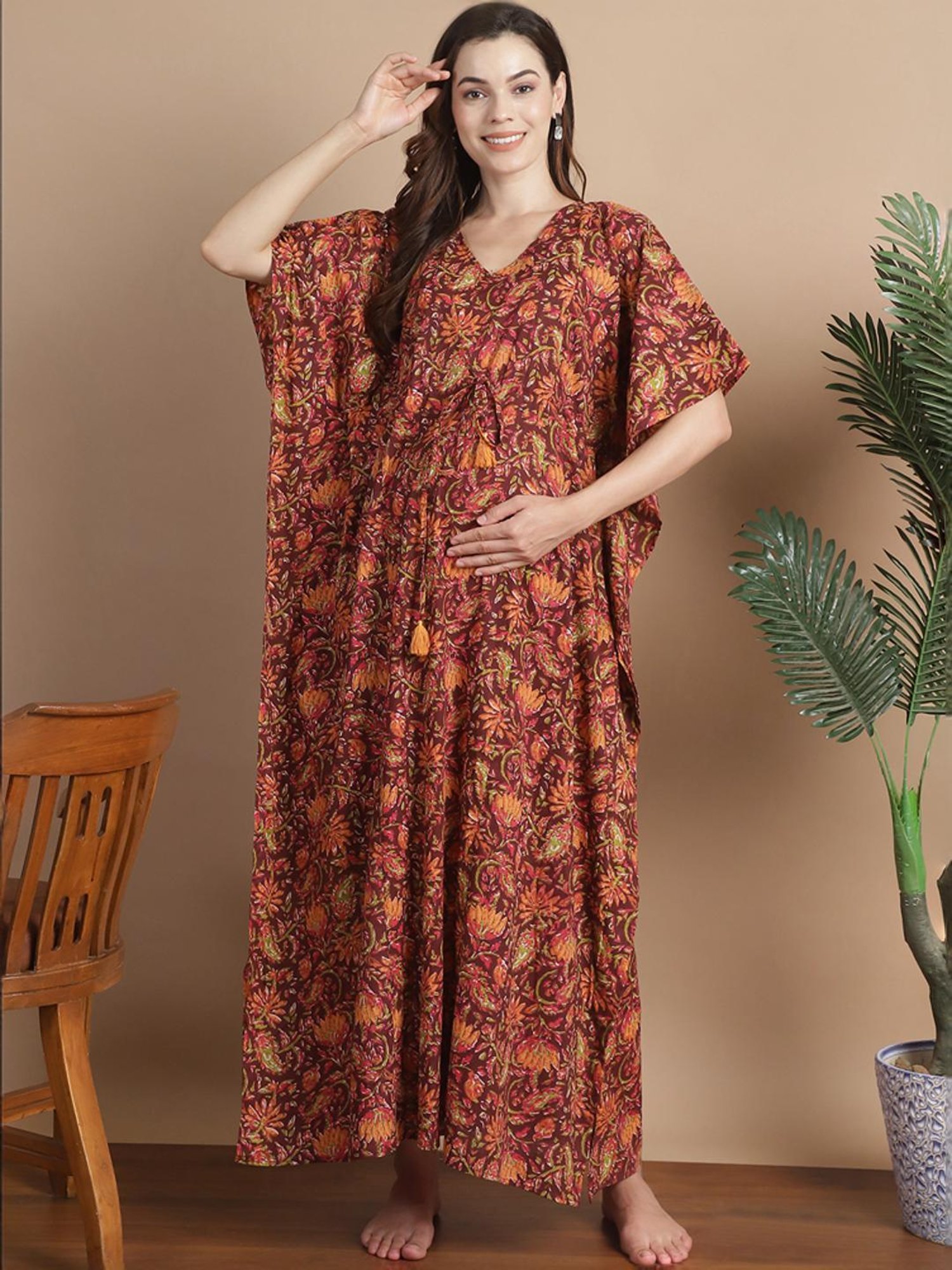 Secret Wish Brown Cotton Floral Print Kaftan