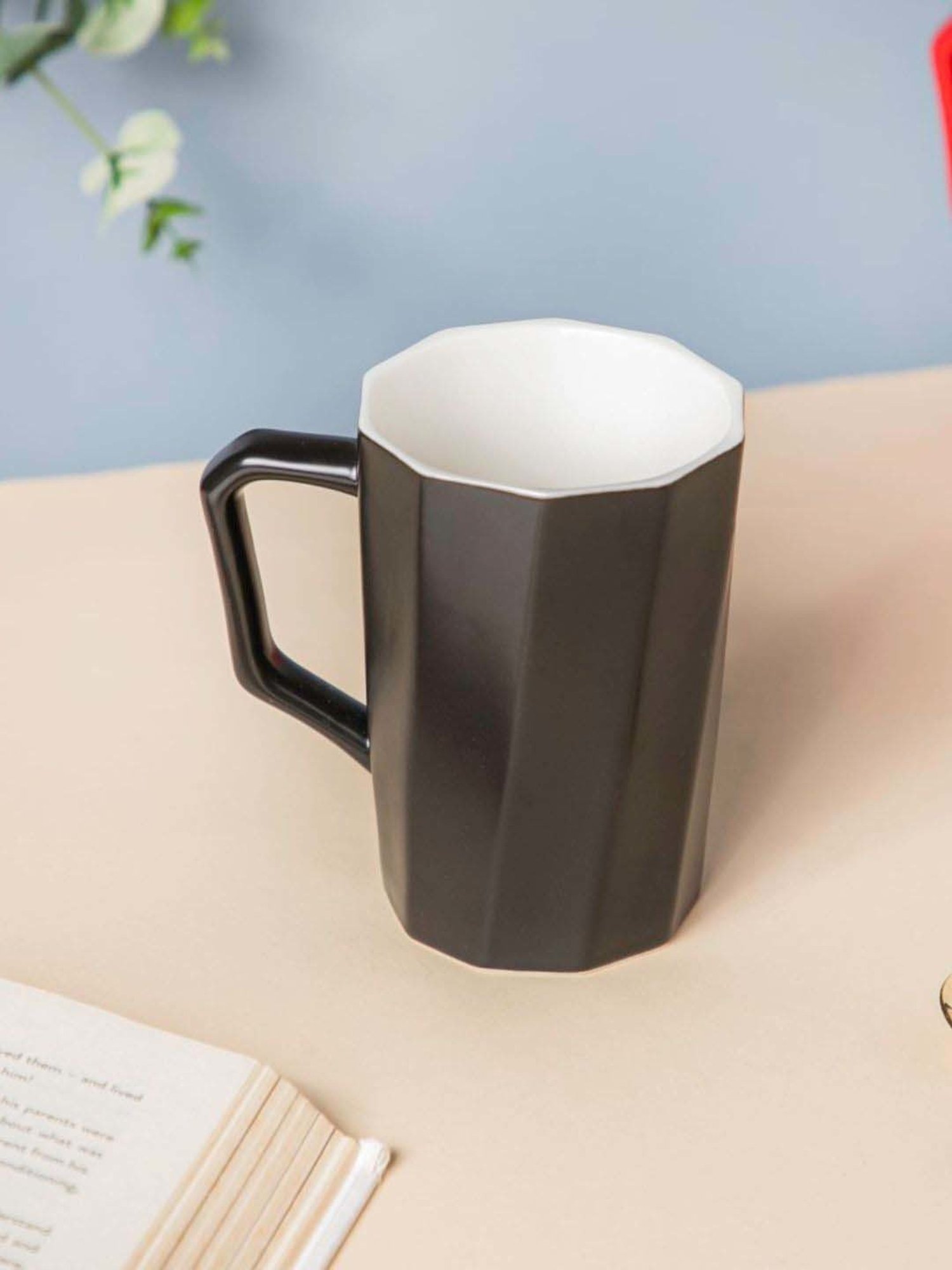 Nestasia Premium Quality Microwave Safe Matt Black & White Ribbed Ceramic Mug, 350ml