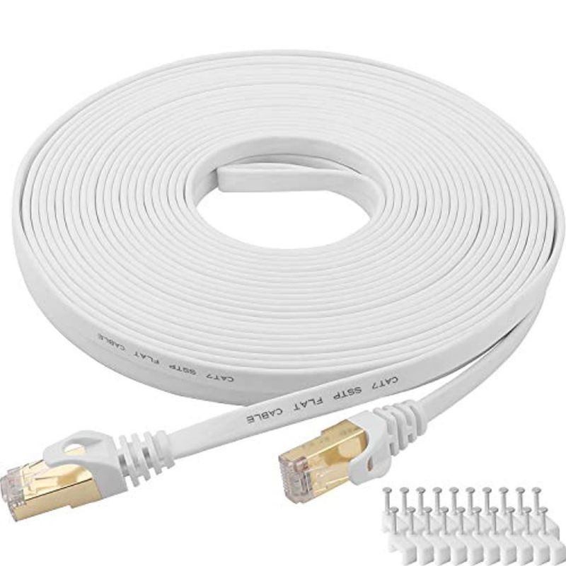 Cat 7 Ethernet Cable 100 ft LAN Cable Internet Network Cord for PS4, Xbox, Router, Modem, Gaming, White Flat Shielded 10 Gigabit RJ45 High Speed Computer Patch Wire.