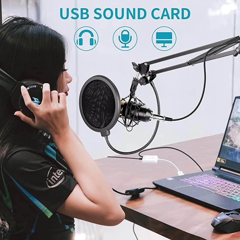 Condenser Microphone Bundle Upgraded NW700 Professional Cardioid Studio MicAdjustable Suspension Scissor Arm StandShock MountPop FilterUSB Sound Card for Studio Recording Broadcasting