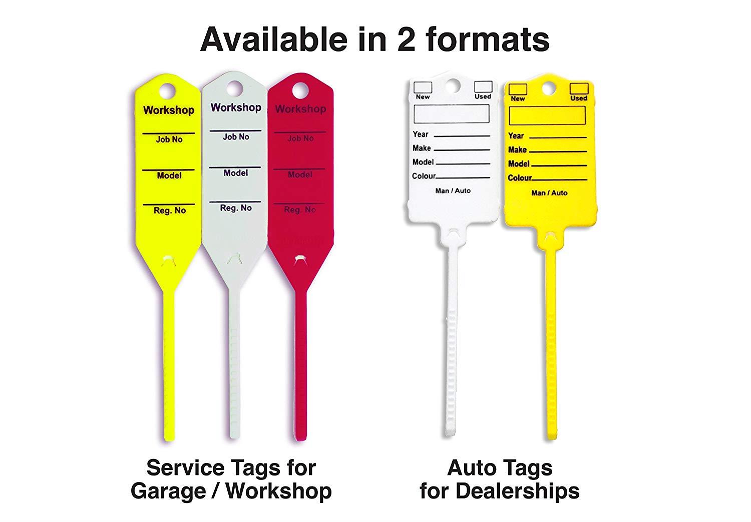 Mechanic Service Auto Key Tags - White self Locking Car Key Tags Made of Waterproof Plastic | Box of 300 Auto Tags | NO Folding, NO Key Rings, NO Laminated Key Tags Necessary | Pen Included