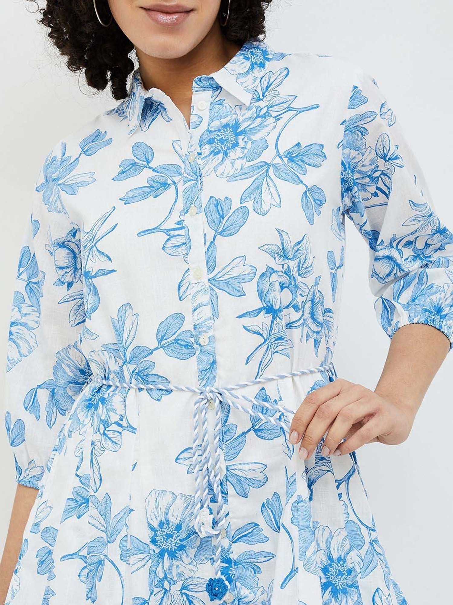 Colour Me by Melange Blue Cotton Printed A-Line Dress With Belt