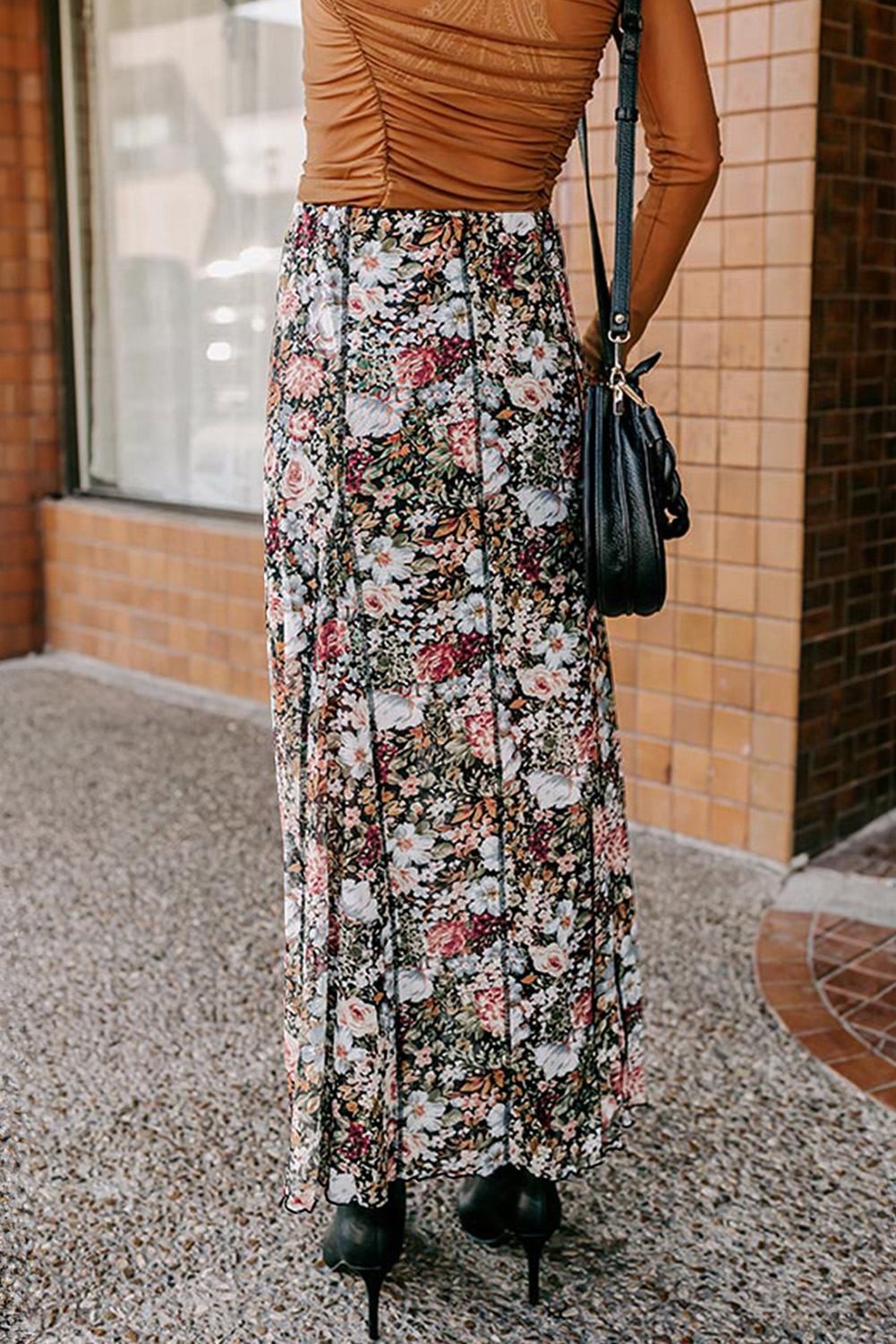 Brown Allover Floral Print Bohemian High Waist Maxi Skirt