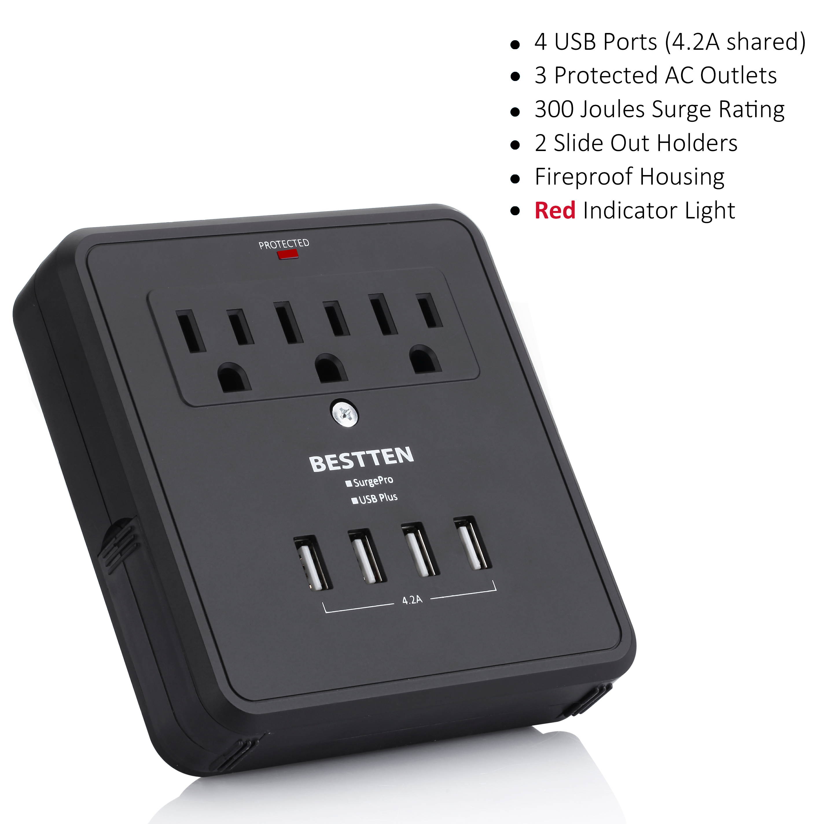BESTTEN Multi Outlet Wall Tap Adapter Surge Protector with 4 USB Charging Ports (4.2A Total), 3 Outlet Multipliers and 2 Slide-Out Phone Holders, 15A/125V/1875W, ETL Certified, Black