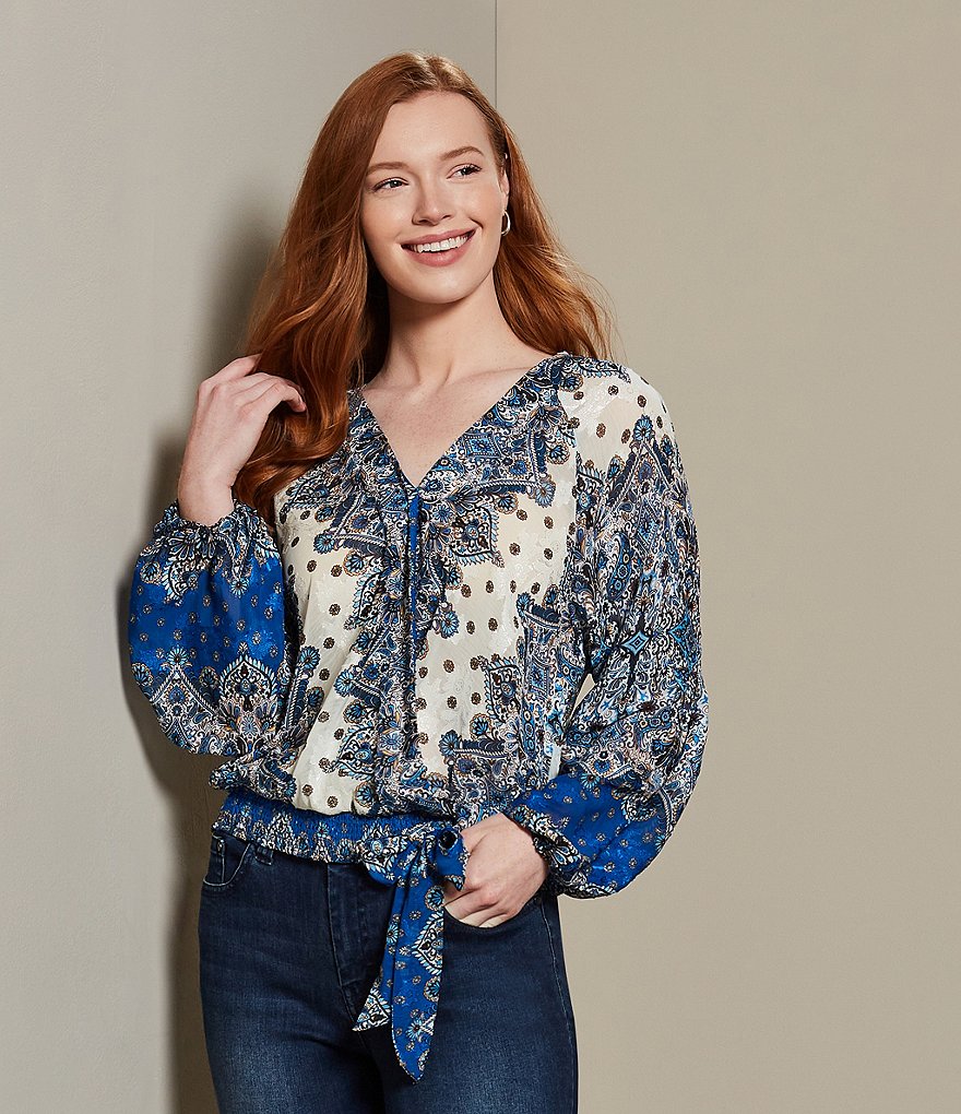 Reba Surplice V-Neck Long Sleeve Smocked Hem Tile Print Faux Wrap Top