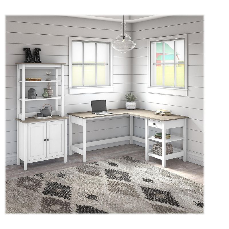 Bush Furniture 60 L-Shaped Computer Desk w/5-Shelf Bookcase Pure White/Shiplap Gray MAY014GW2