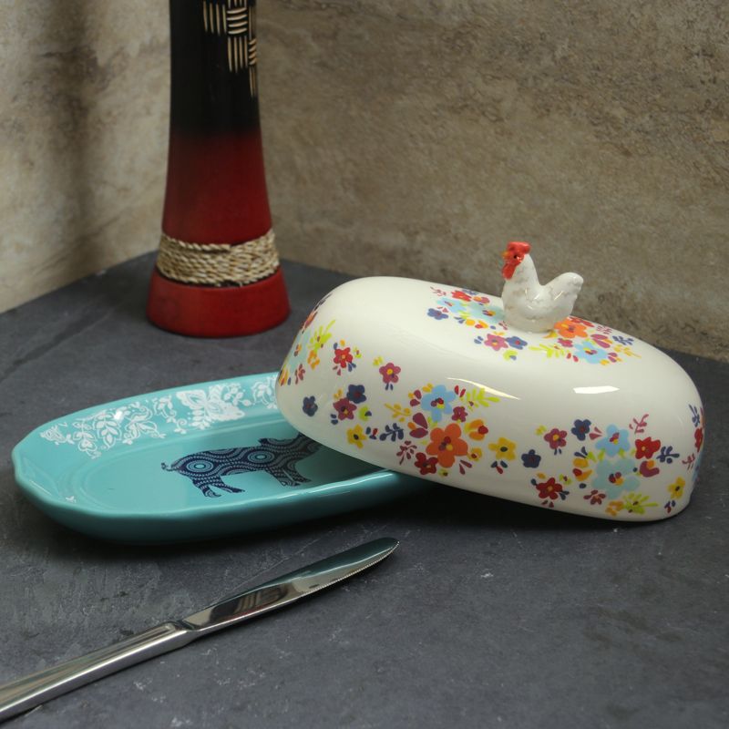Gibson Urban Market Life on the Farm 8.75 Inch Ceramic Figural Rooster Butter Dish in Teal and Floral