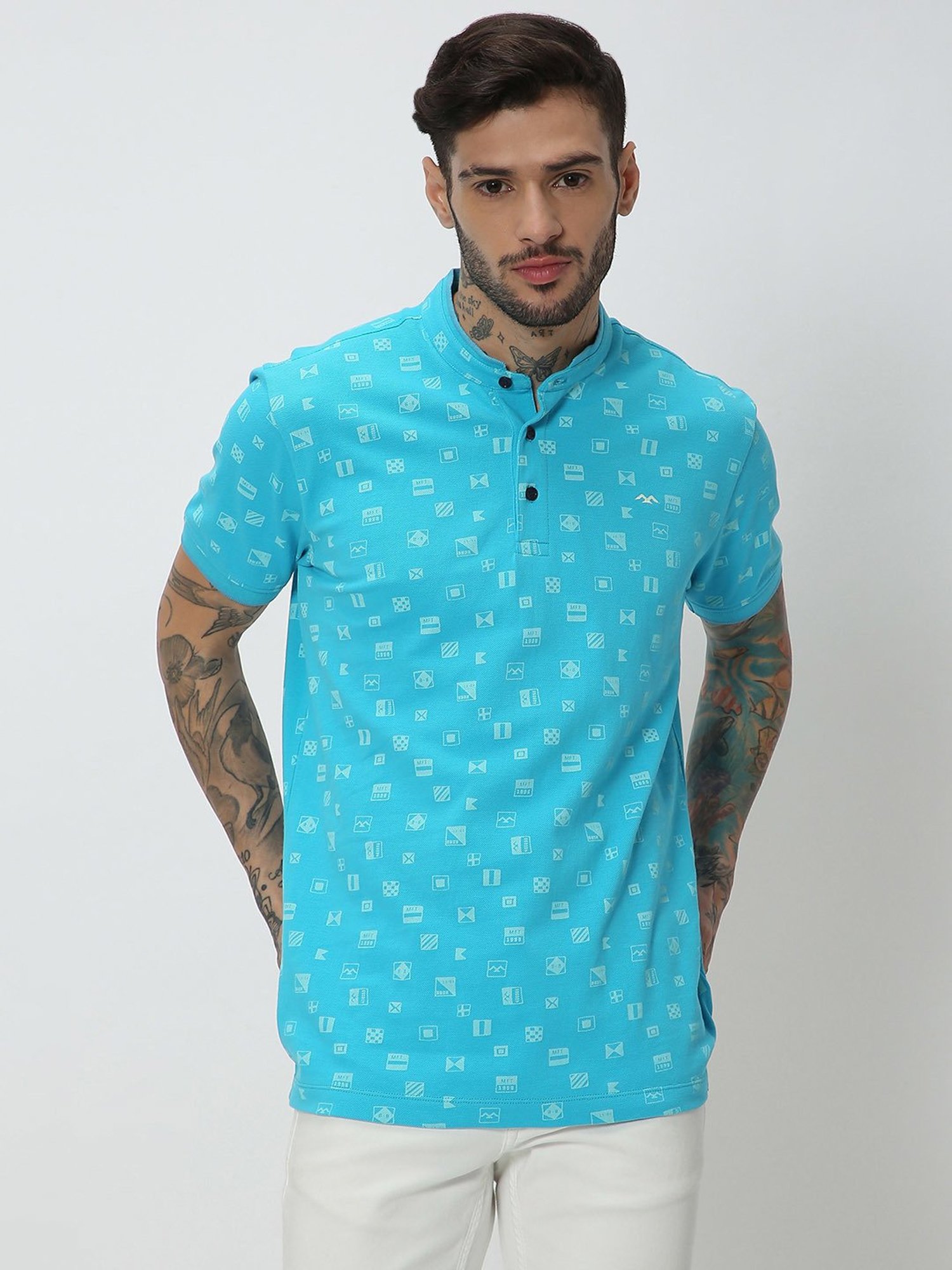 Mufti Light Blue Slim Fit Printed Mandarin Collar Cotton T-Shirt