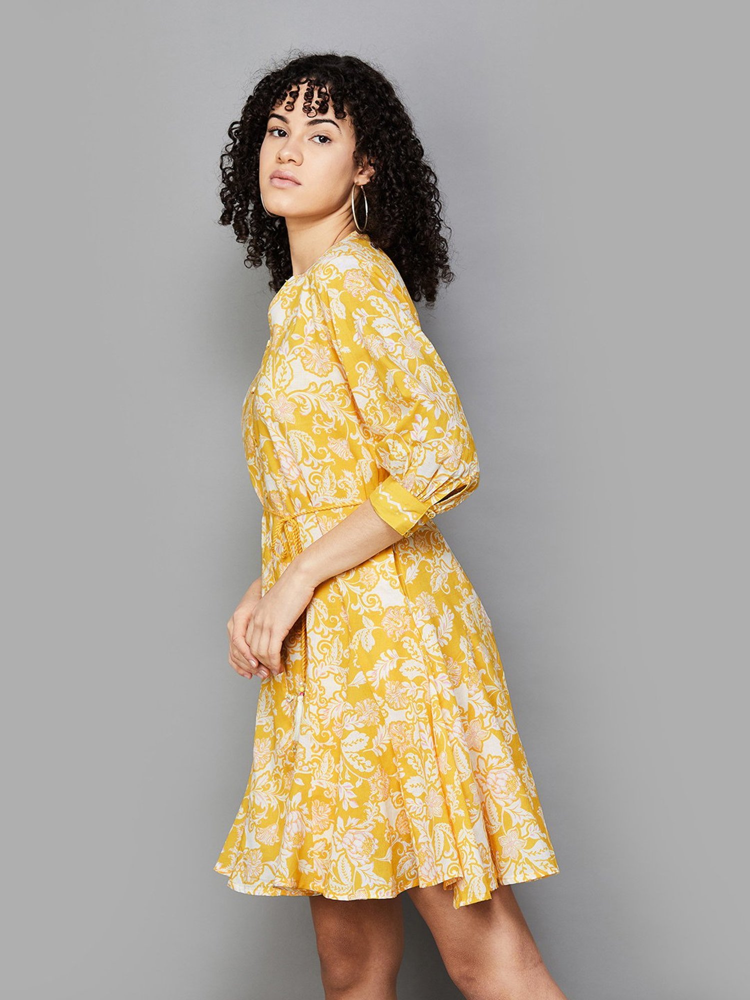 Colour Me by Melange Mustard & White Cotton Floral Print Shirt Dress