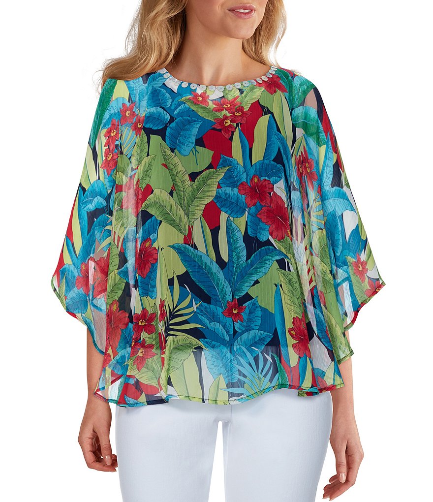 Ruby Rd. Tropical Print Embellished Jewel Neck 3/4 Sleeve Butterfly Top
