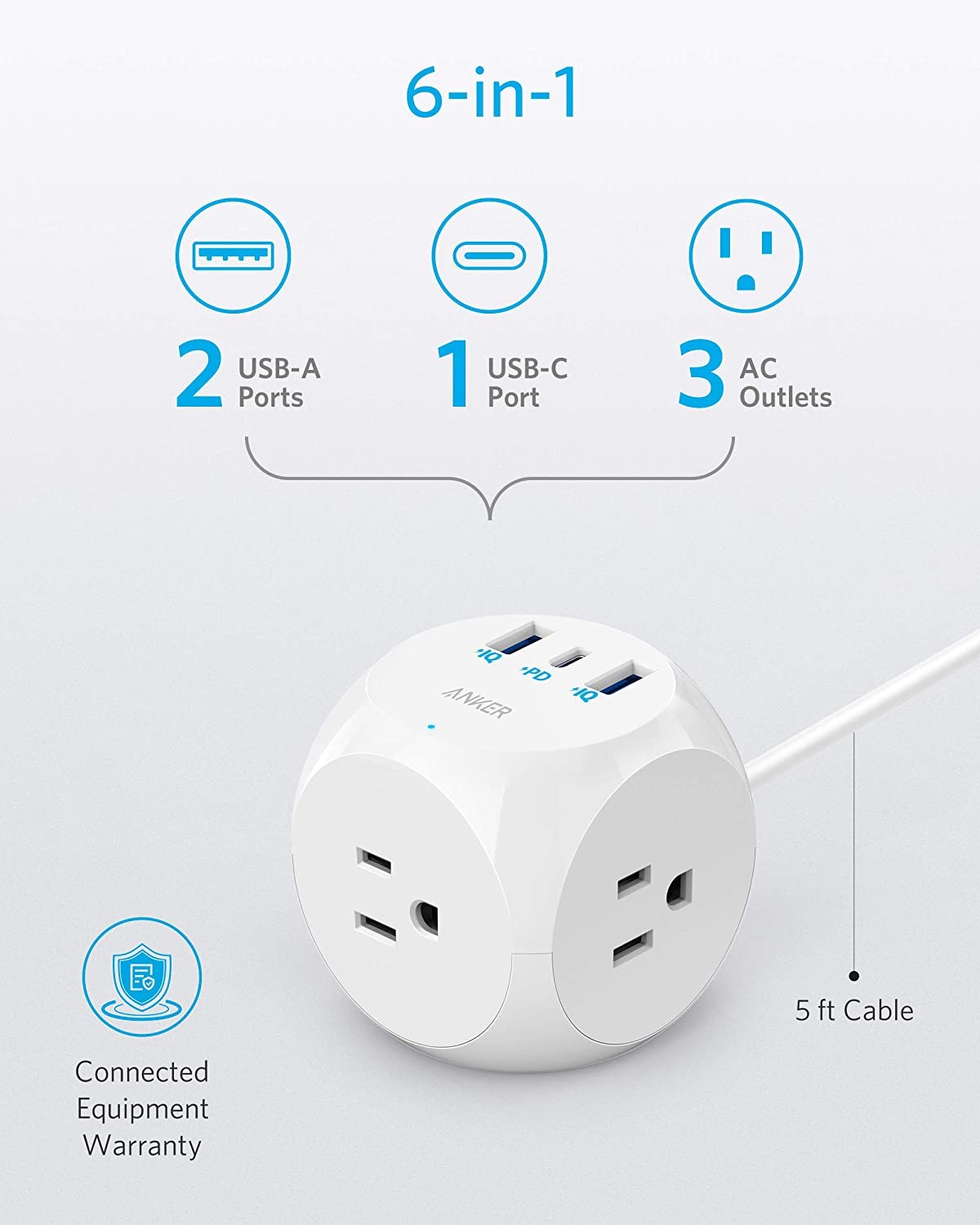 Poweradd Power Strip with USB C Power Delivery 18W, Travel Power Strip Mini with 3 Outlets, 18W USB C & QC 3.0 USB A Port, 5ft Cord, Flat Plug for Cruise Ship, Hotel, Dorm Room and Home,White