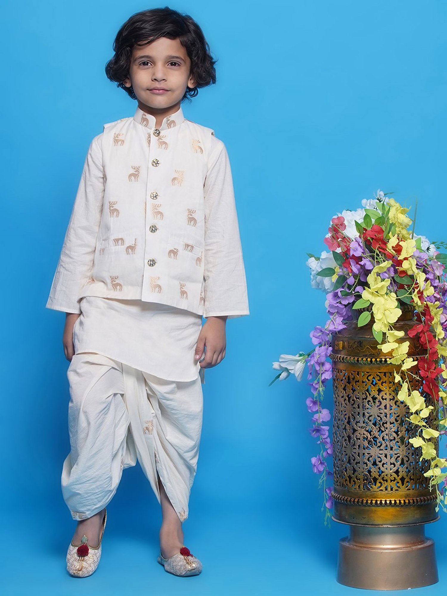 VASTRAMAY Boys Yellow & White Cotton Printed Full Sleeves Kurta Sets