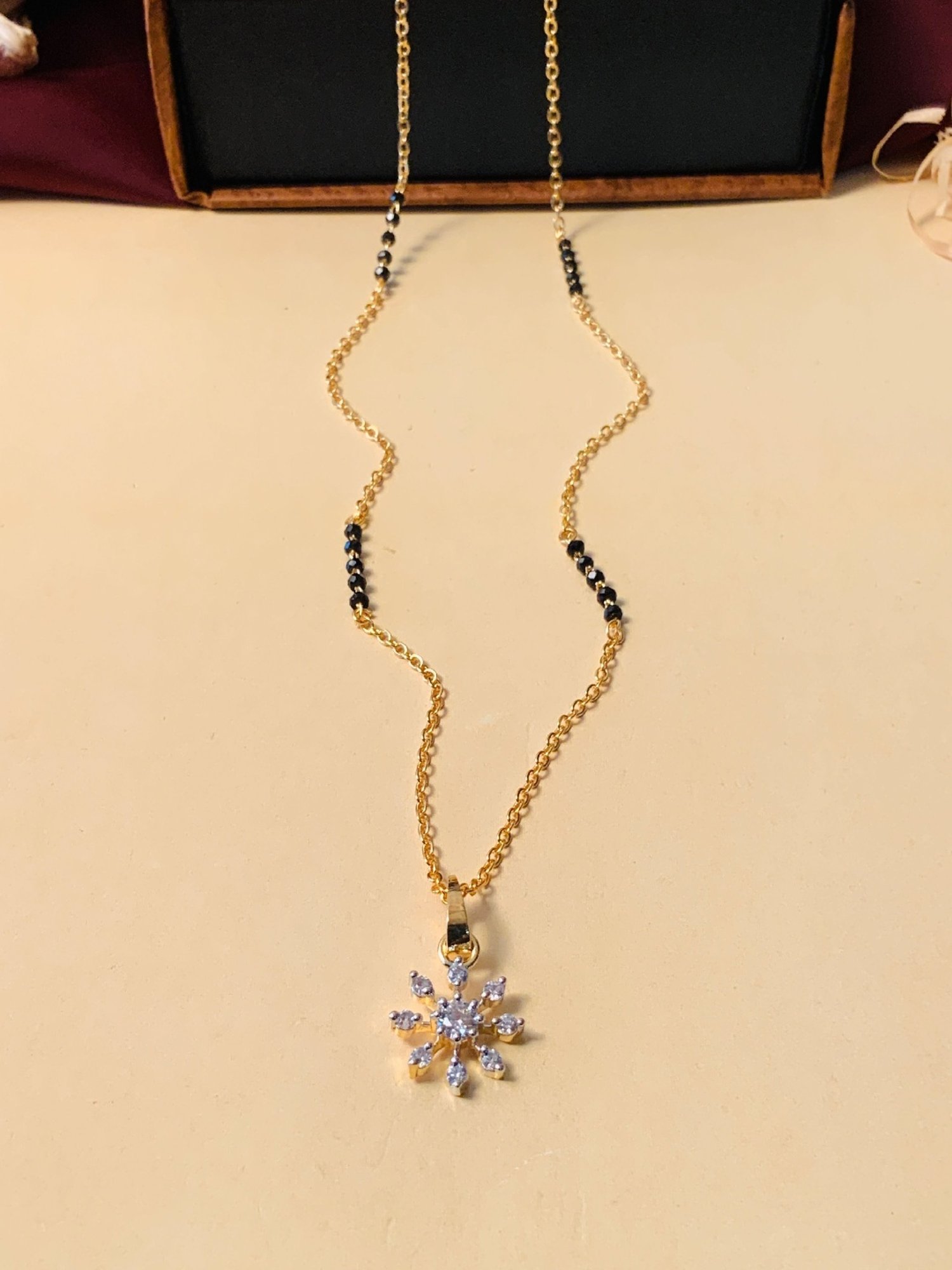 Abdesigns Gold-Plated American Diamond & Black Beaded Mangalsutra