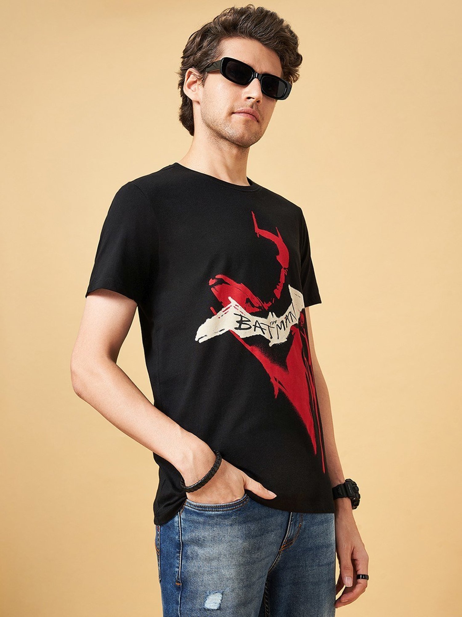 SF Jeans by Pantaloons Jet Black Cotton Regular Fit Printed T-Shirt