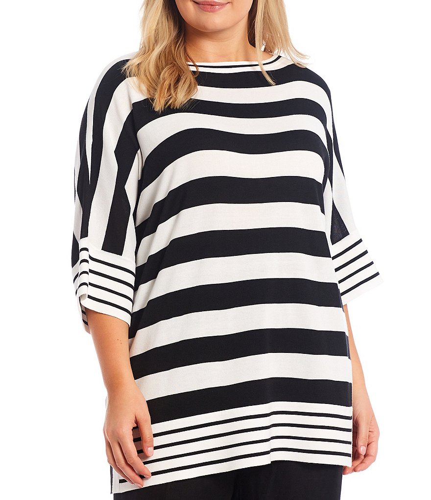 Ruby Rd. Plus Size Ombre Striped 3/4 Sleeve Button Front Long Cardigan