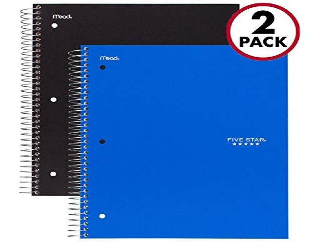 Five Star Spiral Notebooks, 5 Subject, Wide Ruled Paper, 200 Sheets, 10-1/2" x 8", Black, Blue, 2 Pack (73037)
