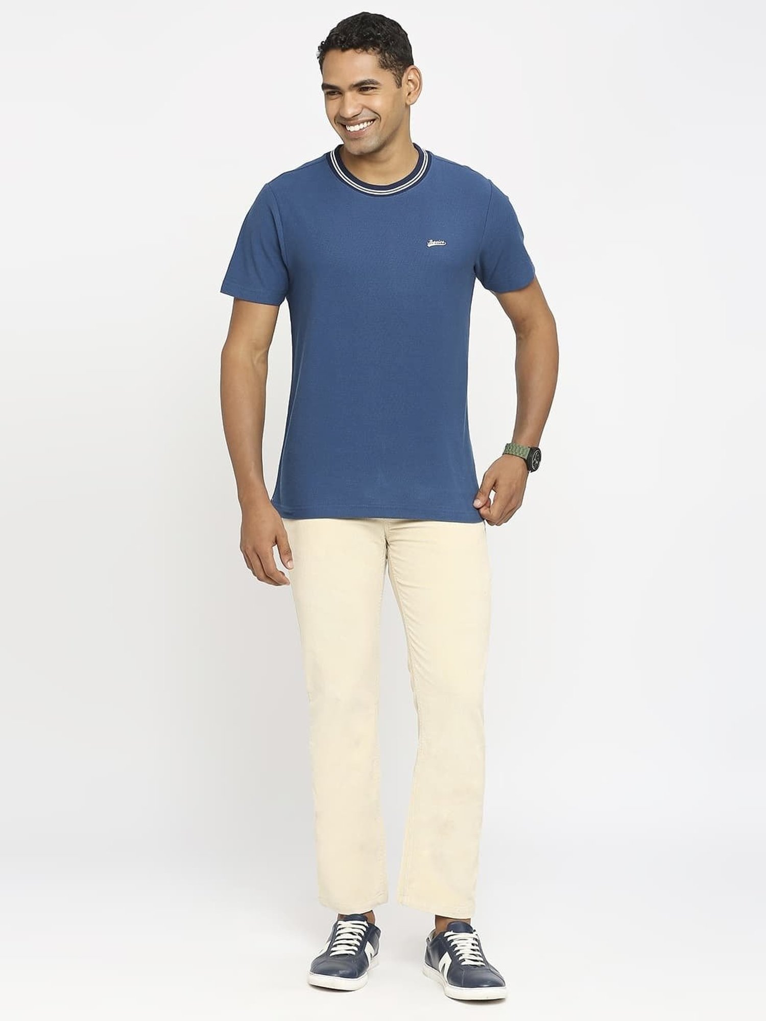 Basics Blue Cotton Muscle Fit T-Shirt