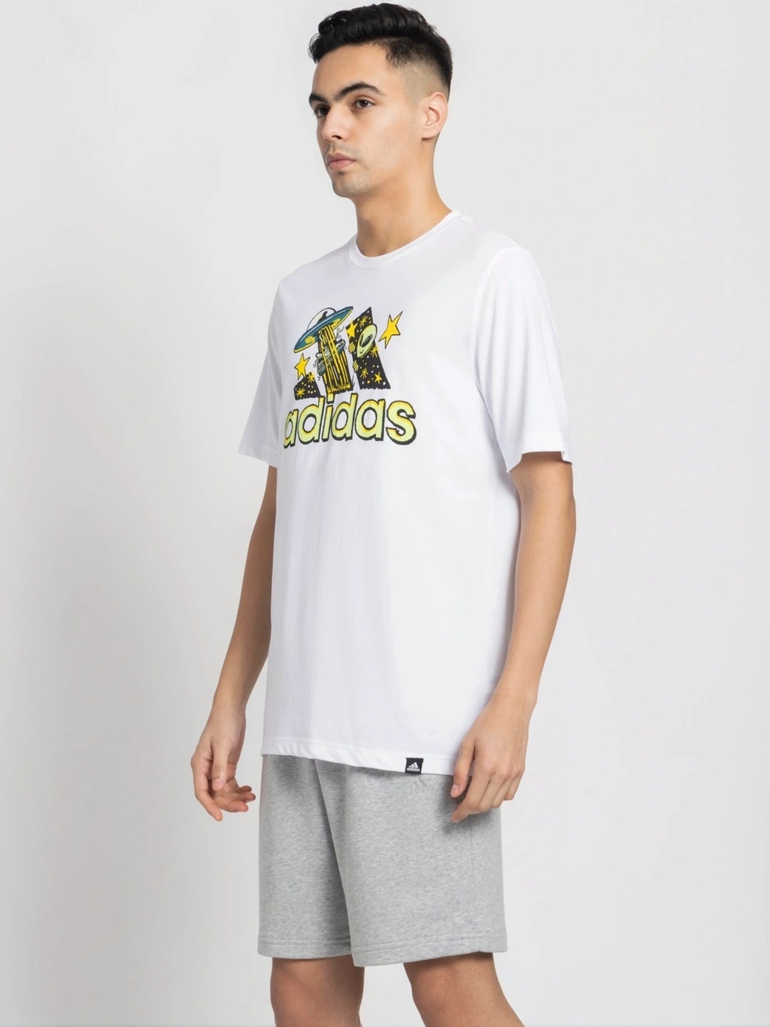 Adidas White Cotton Regular Fit Logo Printed T-Shirt