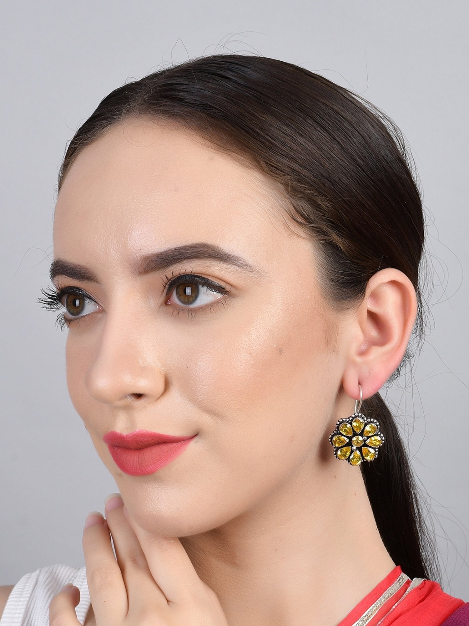 Imli Street Yellow Silver Tone Stone-Studded Handcrafted Drop Earrings
