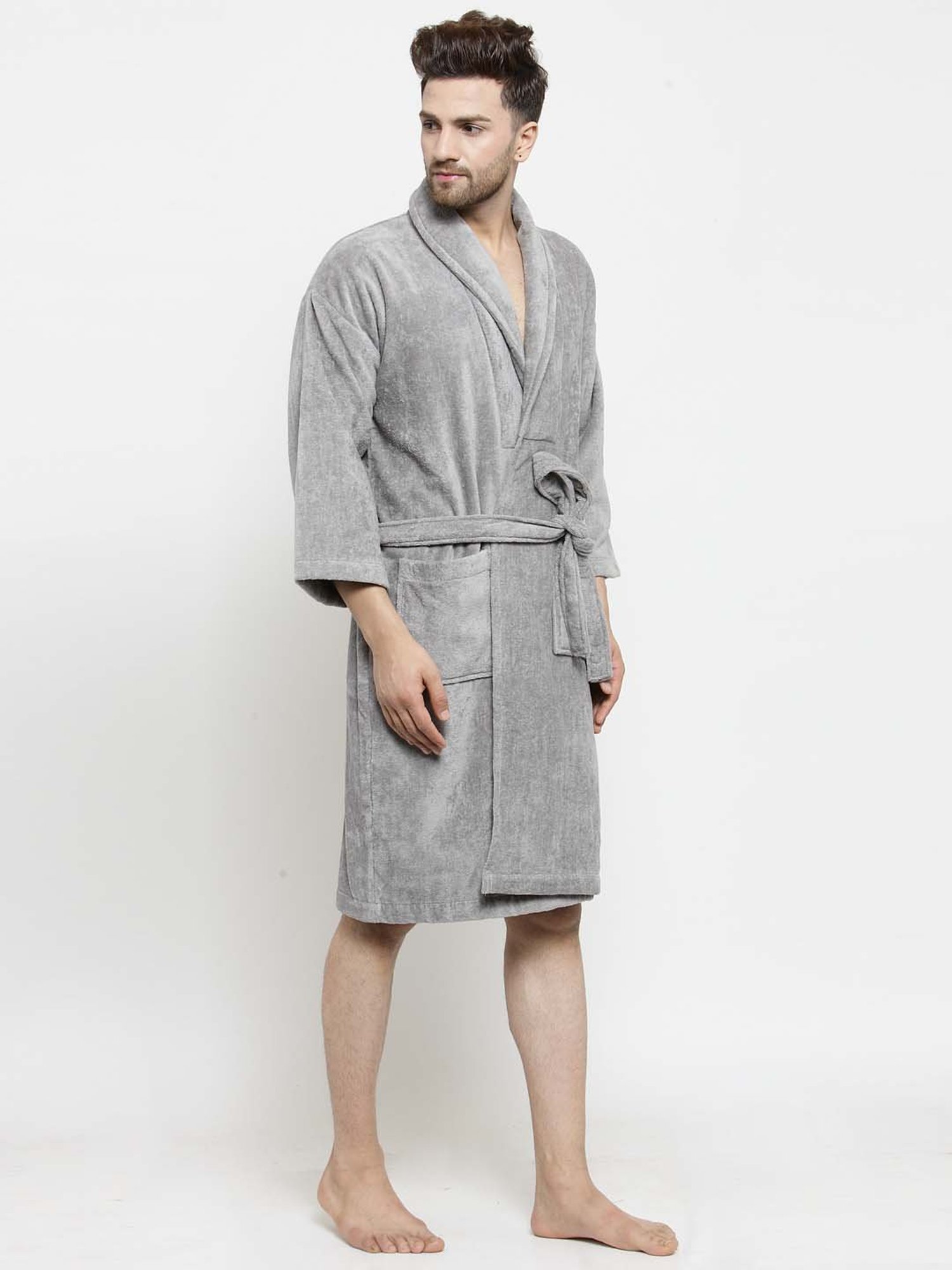 Creeva Everyday Red & Navy 225 GSM Micro Terry Bathrobe with Front Pocket & Kimono Collar