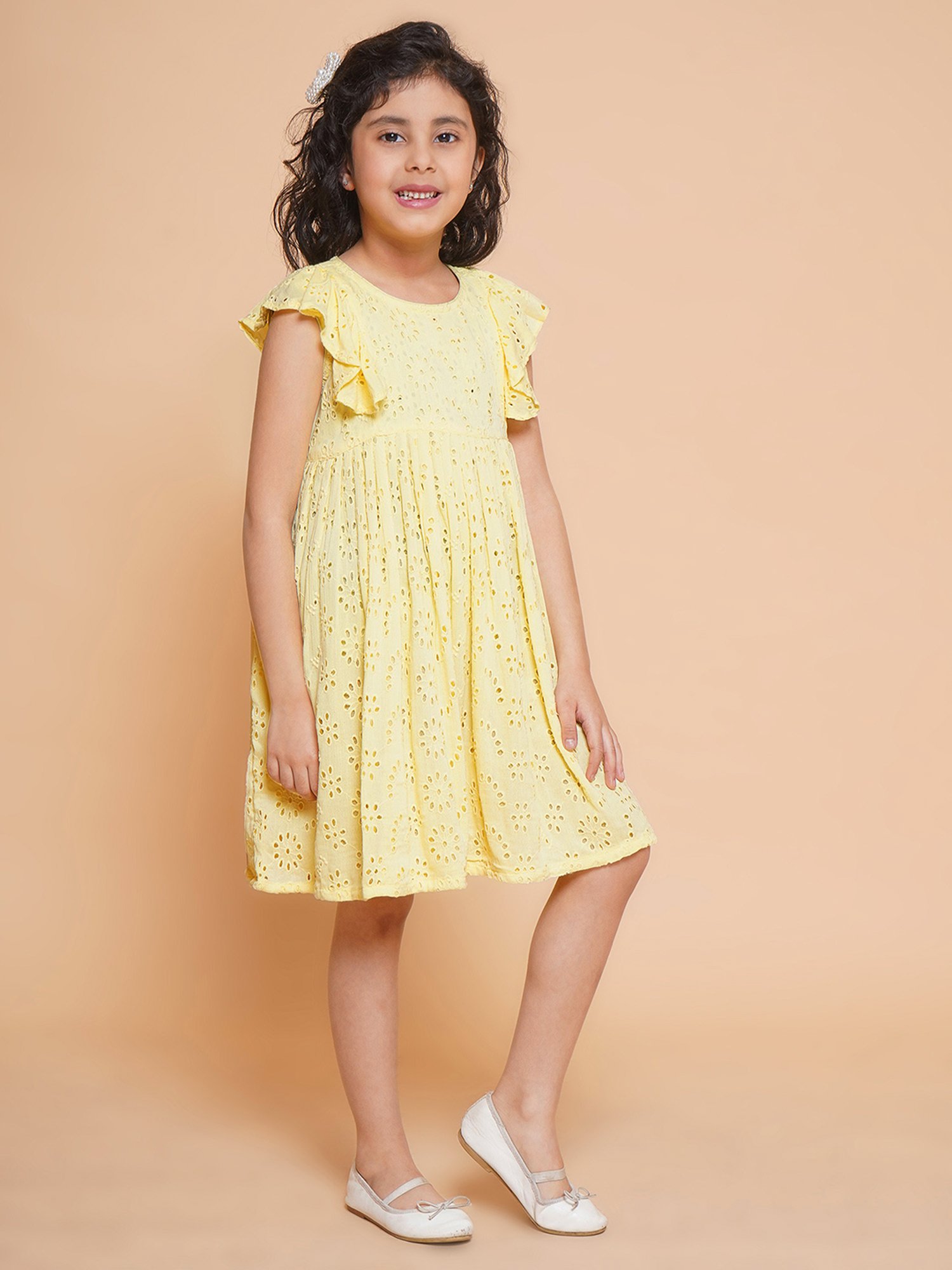 Little Bansi Kids Yellow Self Design Dress