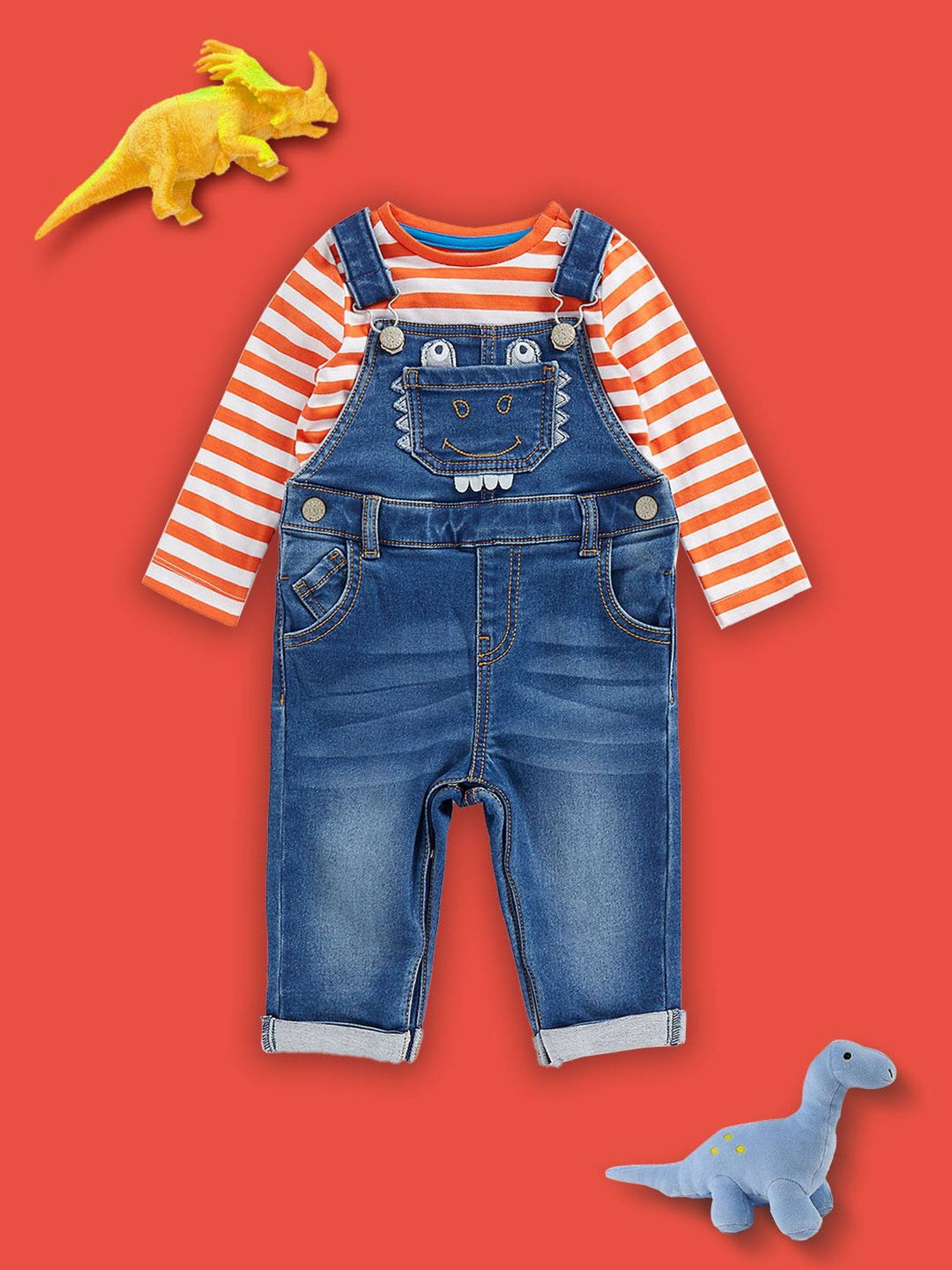 Mothercare Kids Multicolor Striped Full Sleeves T-Shirt with Dungree