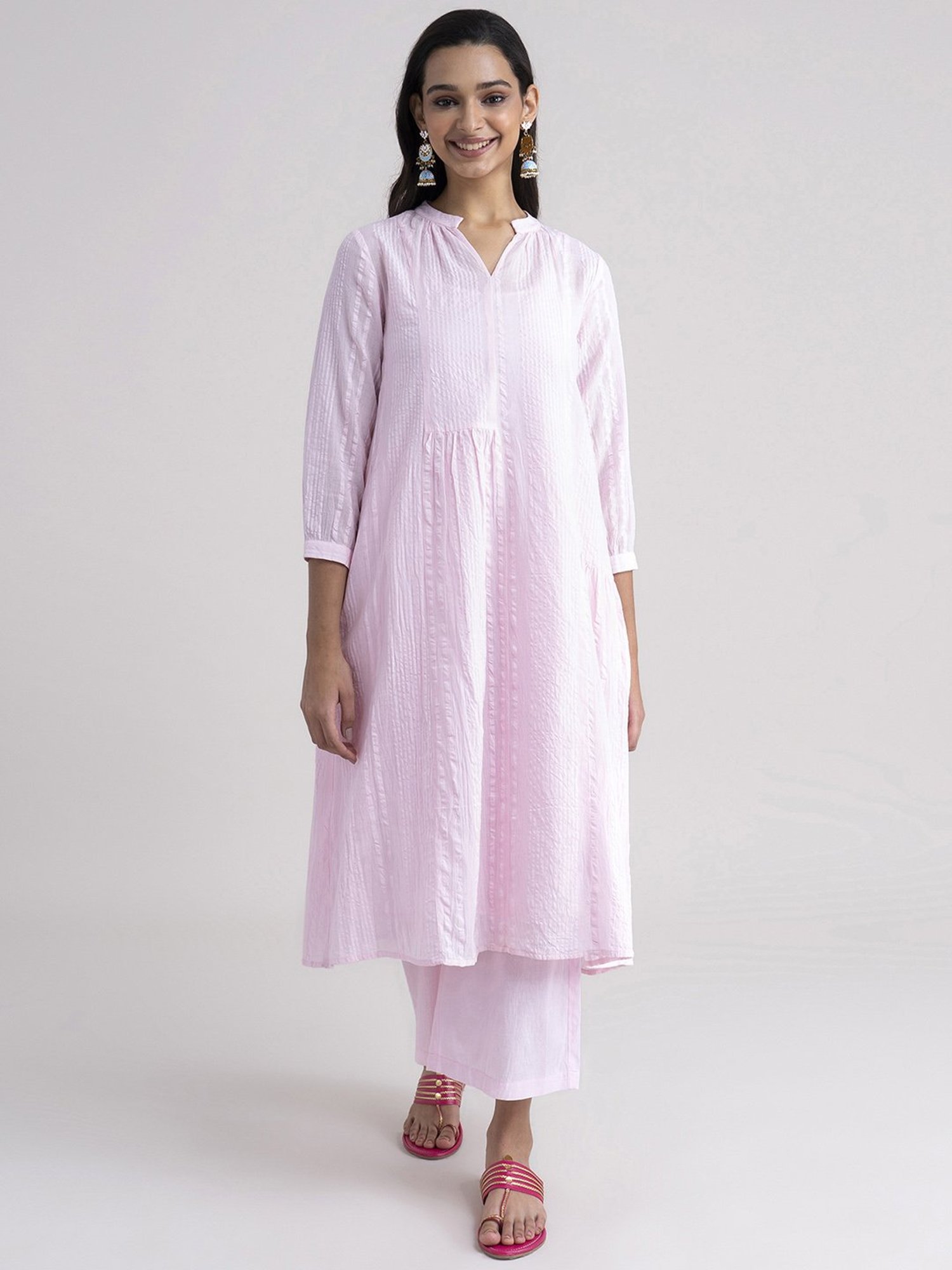 Pink Fort Pink Cotton Striped Kurta Pant Set