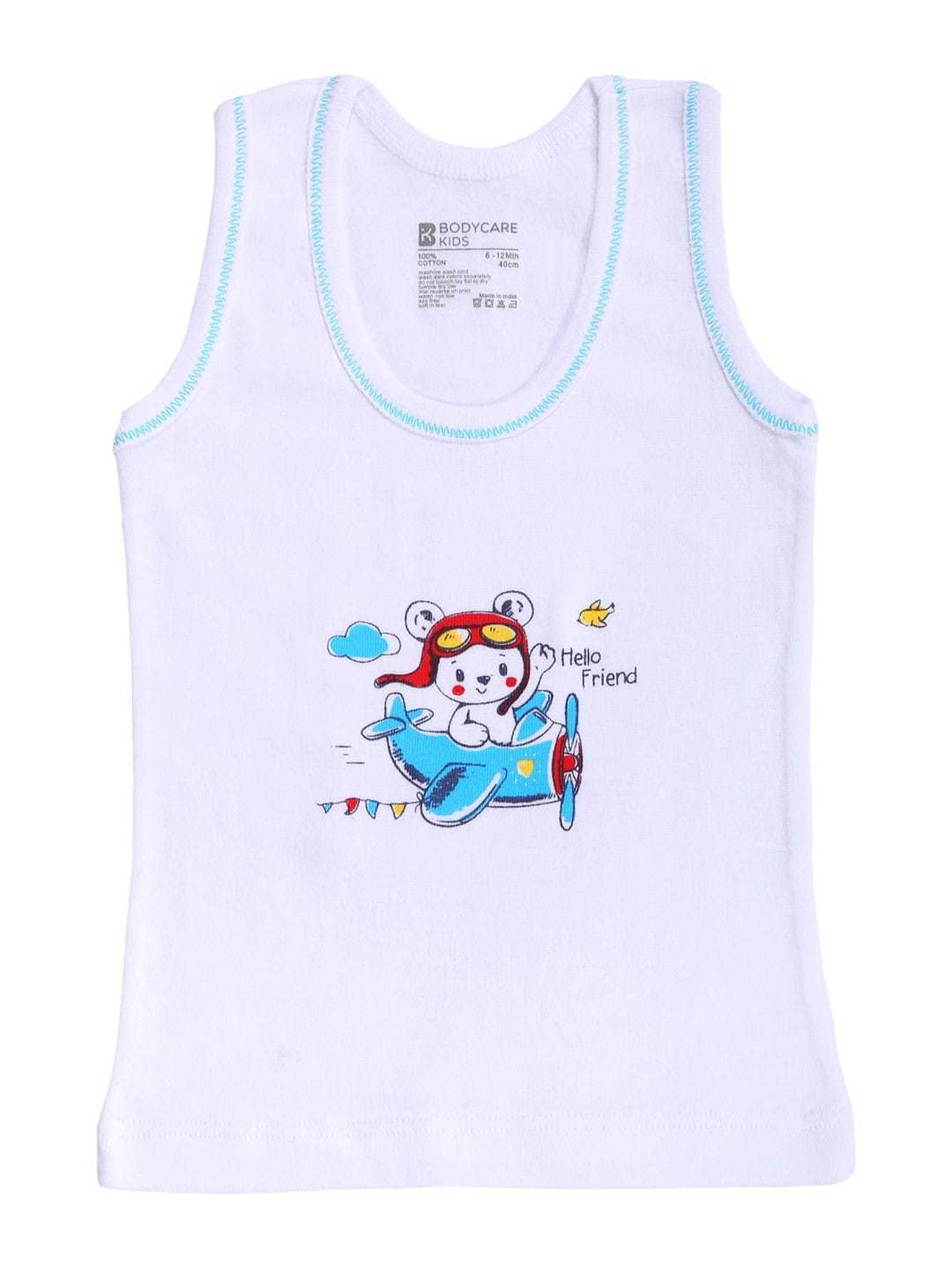 Bodycare Kids White Printed Vests(Pack Of 3)