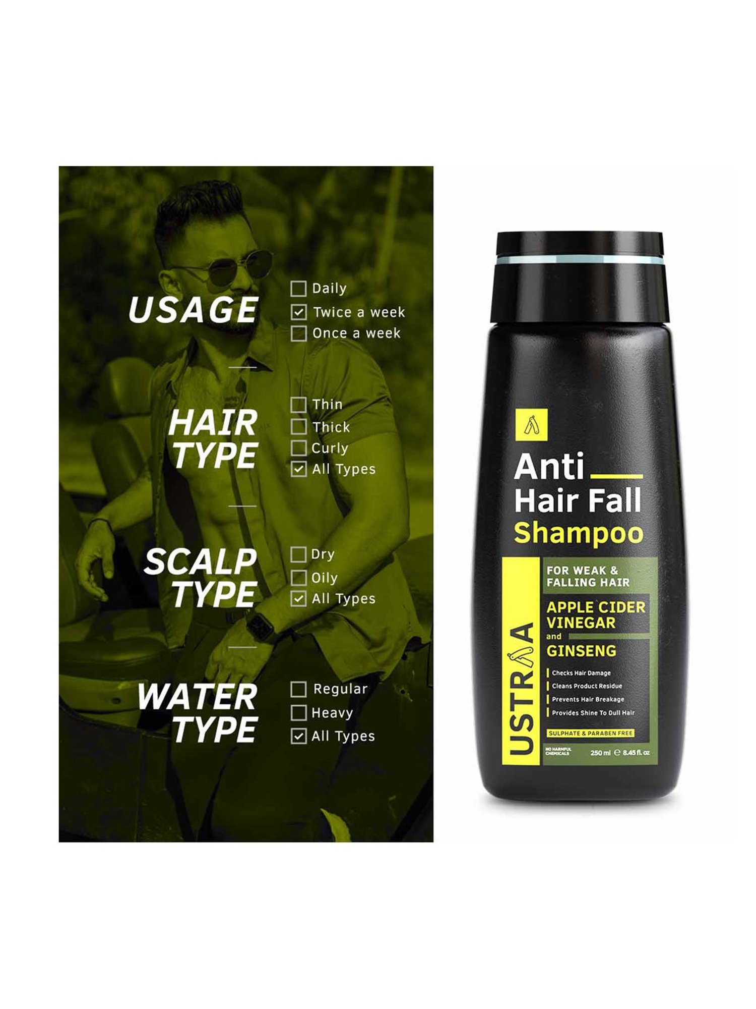 Ustraa Anti Hair Fall Shampoo with Apple Cider Vinegar - 250 ml