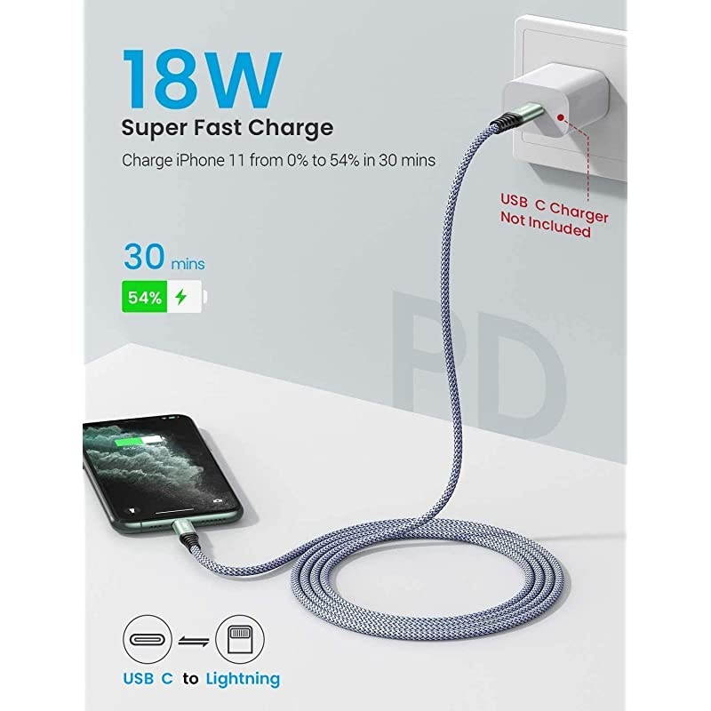 USB C to Lightning Cable 20W MFiCertified  6FT iPhone Charger Cable Never Rupture PD Fast Charging Nylon Braided Compatible with iPhone1211ProPro MaxMiniXXRXS Max