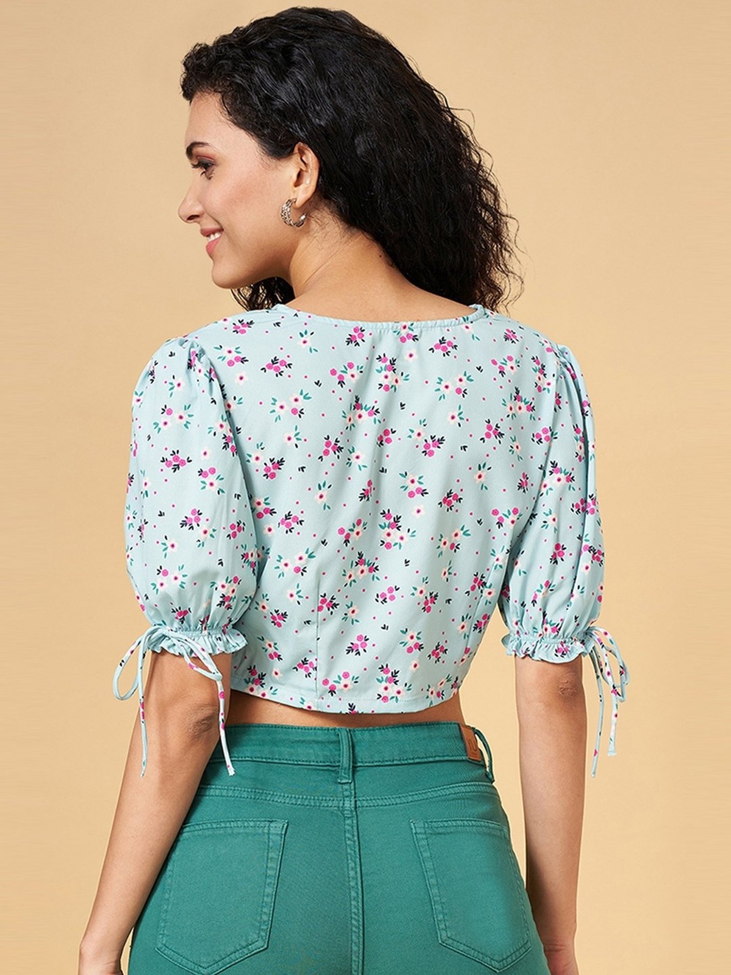 YU by Pantaloons Blue Printed Crop Top