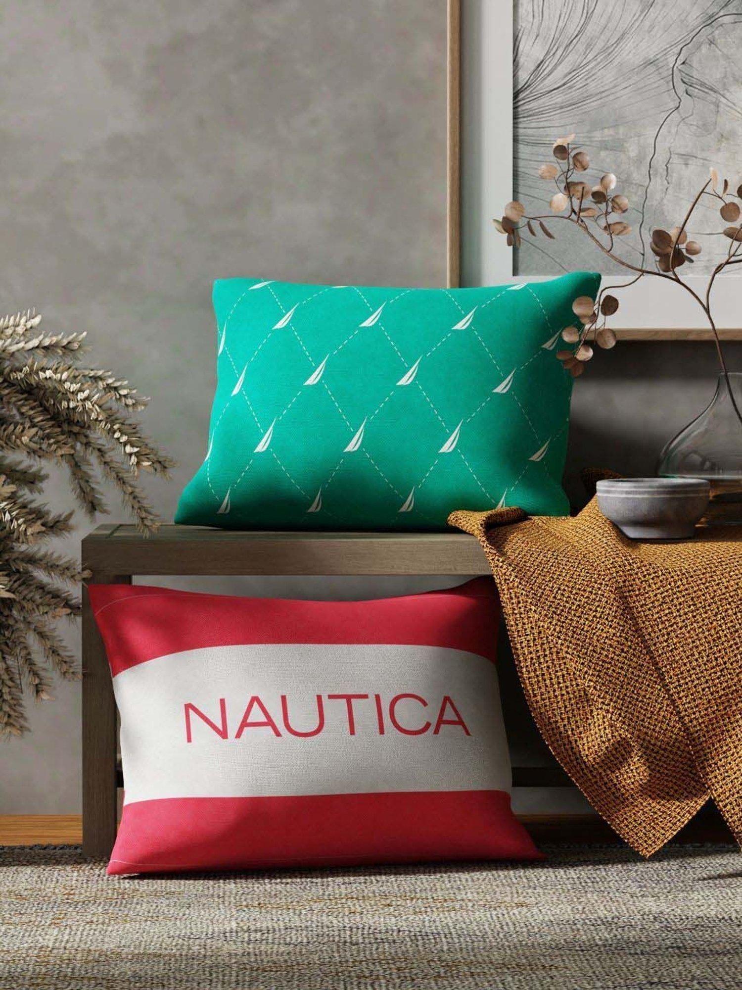 Nautica Logo Stripe Mint & Coral Microfibre 300 GSM Premium Cushion Covers - Set of 2
