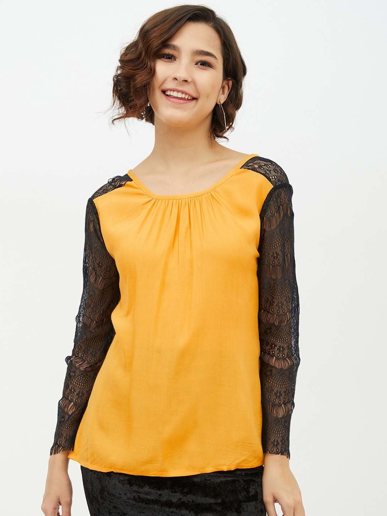 StyleStone Yellow Lace Sleeved Box Top