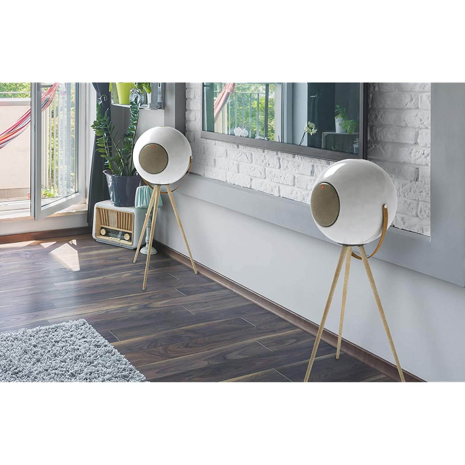 Ivation EUPHO E3 Bluetooth Spherical Wireless Indoor/Outdoor Speaker (White) with Solid Removable Wooden Legs