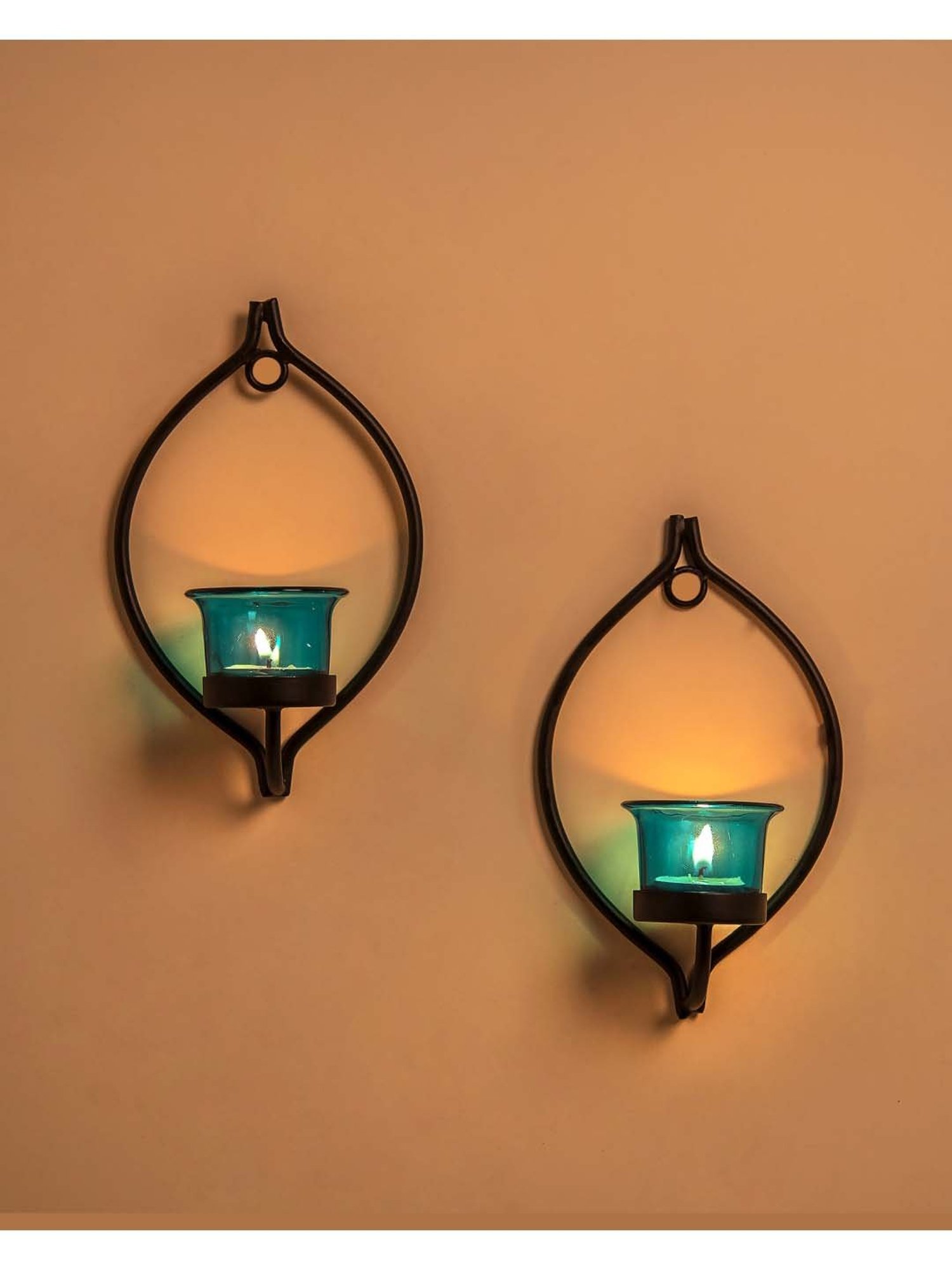 Homesake 'Diwali' Black & Turquoise Metal Wall Candle Holder With Tea Light Candle - Set of 2