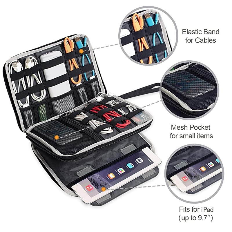 Double Layer Electronics Organizer/Travel Gadget Bag For Cables,Memory Cards,Flash Hard Drive and More,Fit For iPad Or Tablet(Up To 9.7")--Large, Black
