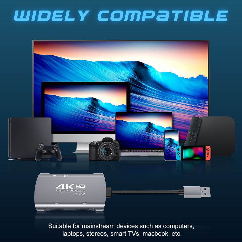 Foxnovo Video Capture Cards - HDMI to USB 3.0 4k Loop Out 1080P 60FPS Live Real-time Game Capture Device, Compatible with DSLR Camcorder/Camera/PS4/PS3/Switch