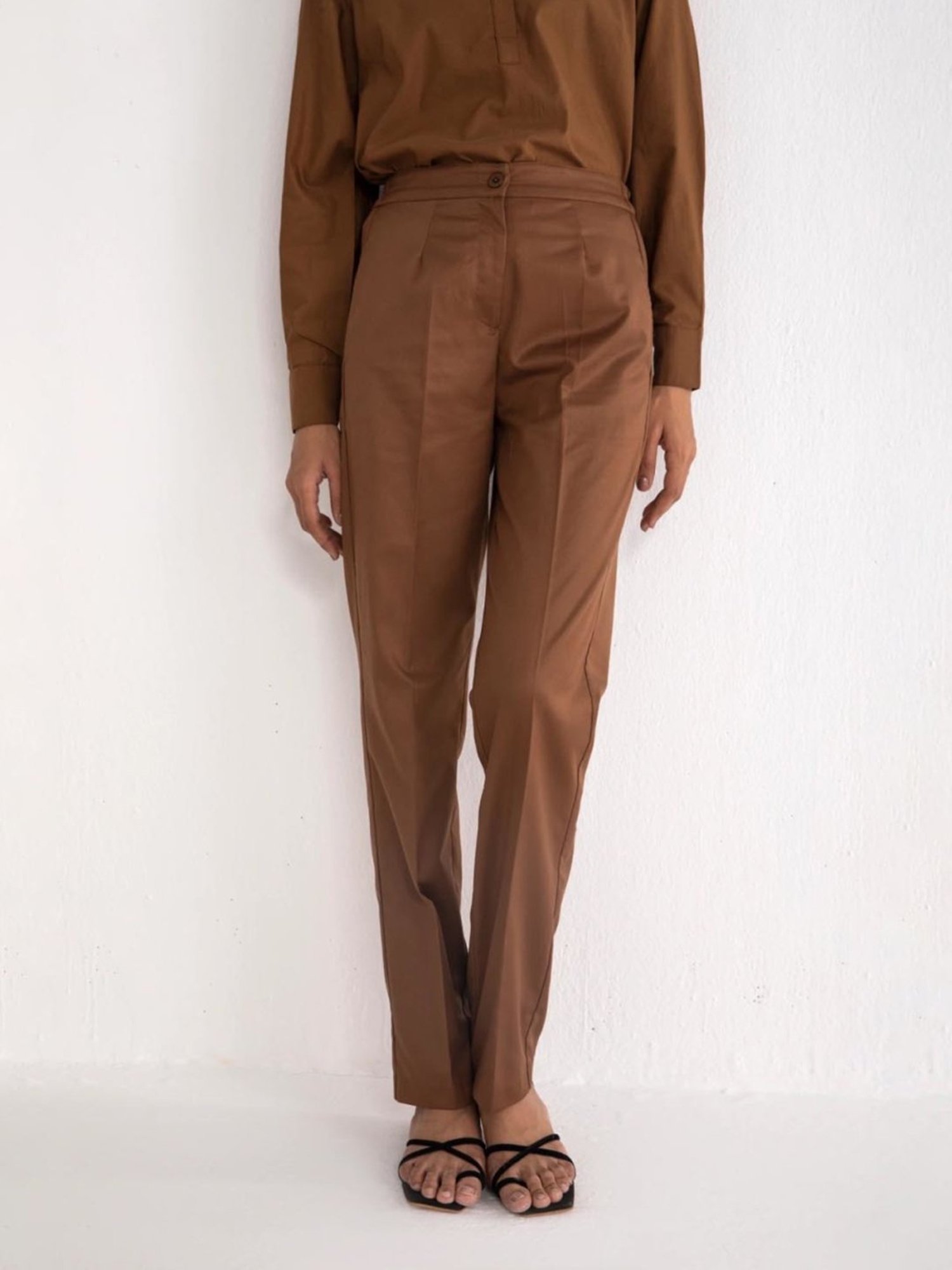 Qua Coffee Brown Elasticated Straight Trousers