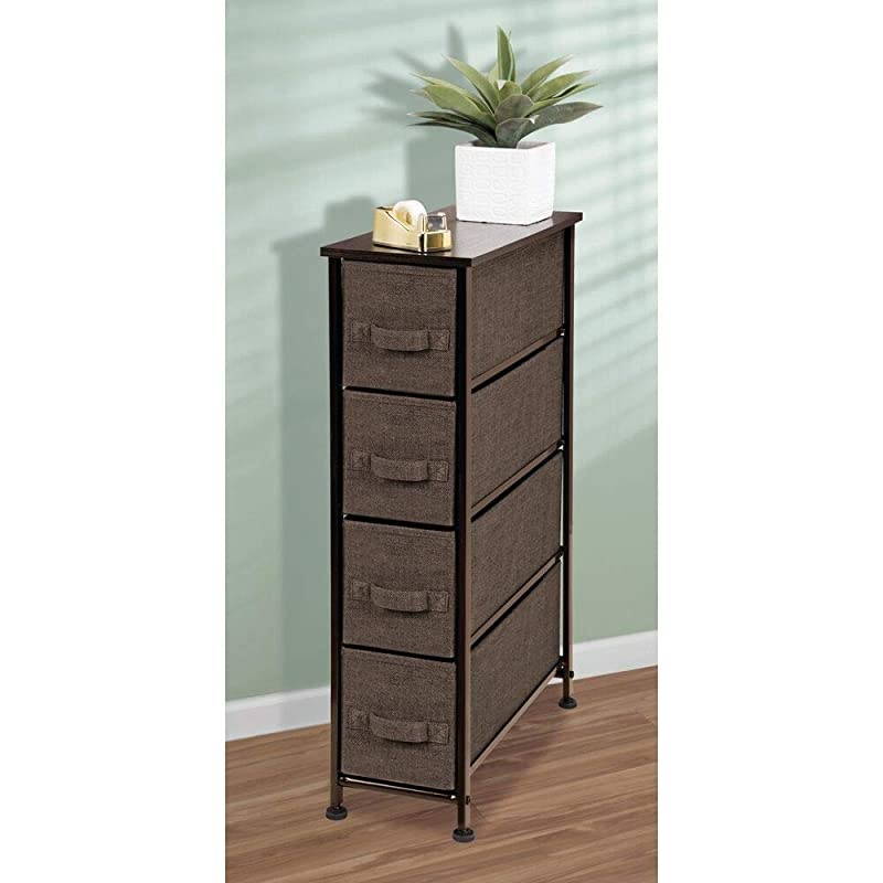 Narrow Vertical Dresser Storage Tower Sturdy Steel Frame Wood Top Easy Pull Fabric Bins Organizer Unit for Bedroom Hallway Entryway Closet Textured Print 4 Drawers Espresso Brown