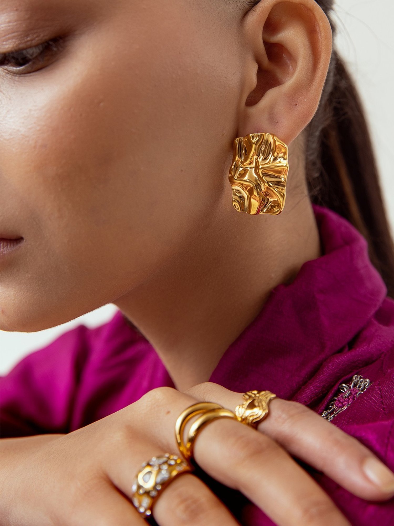 Perfectly Average Foil Textured Rectangle Studs Gold